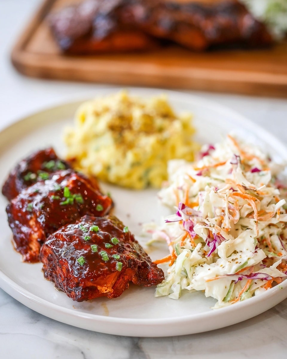 A white plate holds three food parts arranged side by side: on the left, there are two pieces of grilled meat with a shiny dark red glaze and small green herb sprinkles on top; in the middle, there is a yellow mashed side dish with bits of seasoning sprinkled over it; on the right, a heap of creamy coleslaw shows white cabbage mixed with thin strips of orange carrot and purple cabbage. The plate rests on a white marbled surface, and in the background, out of focus, there is a wooden board with more grilled meat. Photo taken with an iphone --ar 4:5 --v 7