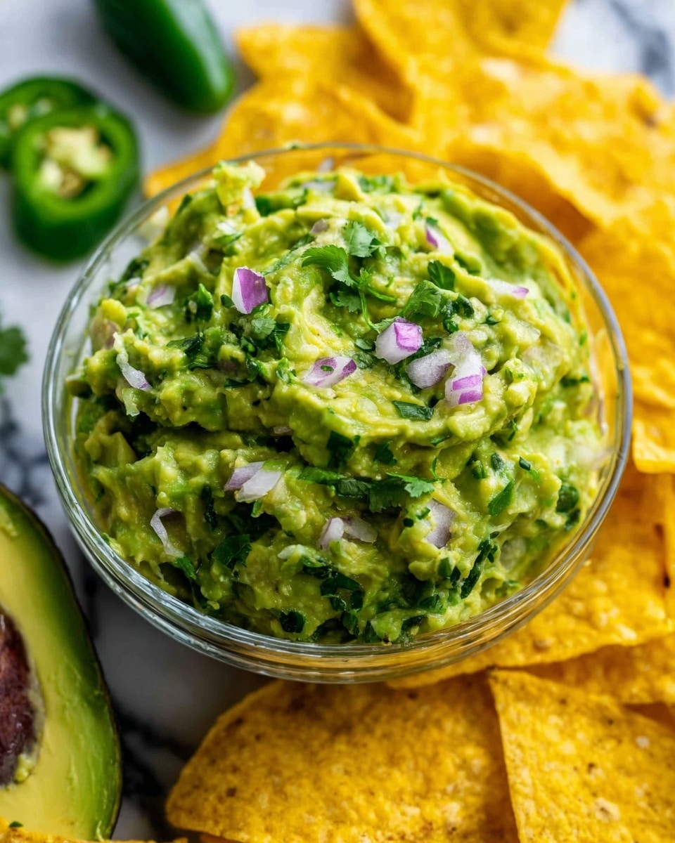 A clear glass bowl filled with chunky green guacamole, mixed with small pieces of purple onion and chopped green herbs on top, sitting on a white marbled surface. Around the bowl, there are bright yellow corn tortilla chips, a sliced green avocado, and pieces of green jalapeño. The texture of the guacamole is creamy but slightly rough with visible bits of ingredients. The shot is close-up, focusing mainly on the bowl and the chips around it, giving a fresh and colorful look. Photo taken with an iphone --ar 4:5 --v 7