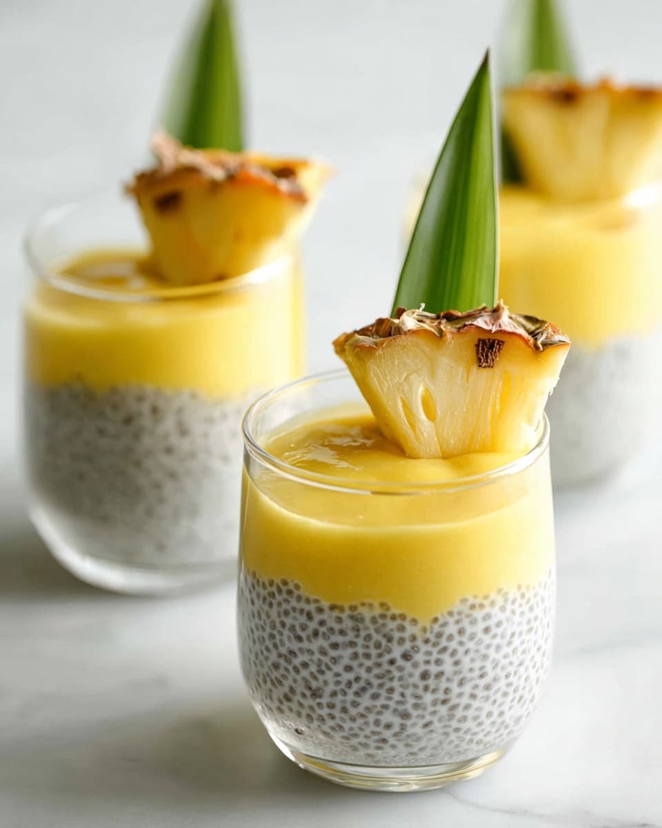 The image shows three small clear glass jars filled with two layers of dessert placed on a white marbled surface. The bottom layer is grayish-white chia pudding with visible small black seeds creating a textured speckled look. The top layer is smooth, creamy, and bright yellow, resembling a thick fruit puree. Each jar is garnished with a wedge of pineapple and a green pineapple leaf inserted on the side, adding fresh bright green and yellow accents. The jars are arranged with two blurred in the background and the closest one in sharp focus in the front center. Photo taken with an iphone --ar 4:5 --v 7