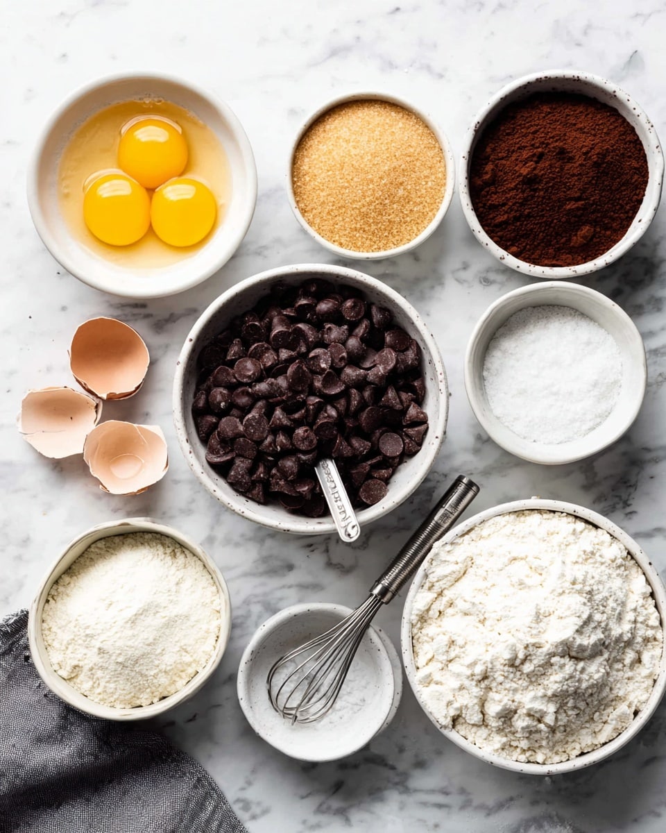 The image shows eight bowls arranged neatly on a white marbled surface, each bowl containing different baking ingredients. Starting from the top left, a white bowl has two raw eggs with bright yellow yolks, next to eggshell pieces. Below it, a bowl is filled with light brown granulated sugar with two metal measuring spoons resting inside. The center bowl is full of dark brown chocolate chips with a smooth, shiny texture. To the right of that, there is a small white bowl with powdery cocoa, and on the far right, a very small white bowl contains fine white salt. Below the cocoa, there is a white bowl holding a white grainy ingredient, possibly sugar or flour. Next to it, a larger bowl is filled with off-white powder, possibly almond flour, with a small metal whisk resting inside. The bowls are arranged on a white marbled textured surface, with a gray cloth on the bottom right corner. Photo taken with an iphone --ar 4:5 --v 7