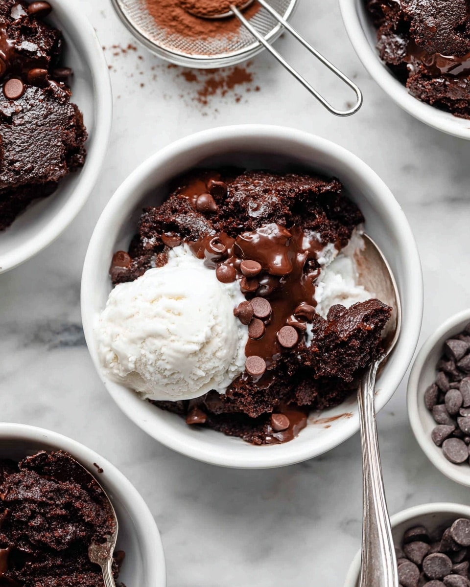 A close-up view of a white bowl filled with rich dark chocolate cake chunks topped with small round chocolate chips and drizzled with glossy melted chocolate, resting beside a smooth scoop of white vanilla ice cream; a silver spoon is scooping some cake with melted chocolate on it. Surrounding the main bowl, there are other white bowls containing more chunky chocolate cake with ice cream, a small sieve with cocoa powder, and another small bowl filled with chocolate chips, all placed on a white marbled surface. photo taken with an iphone --ar 4:5 --v 7