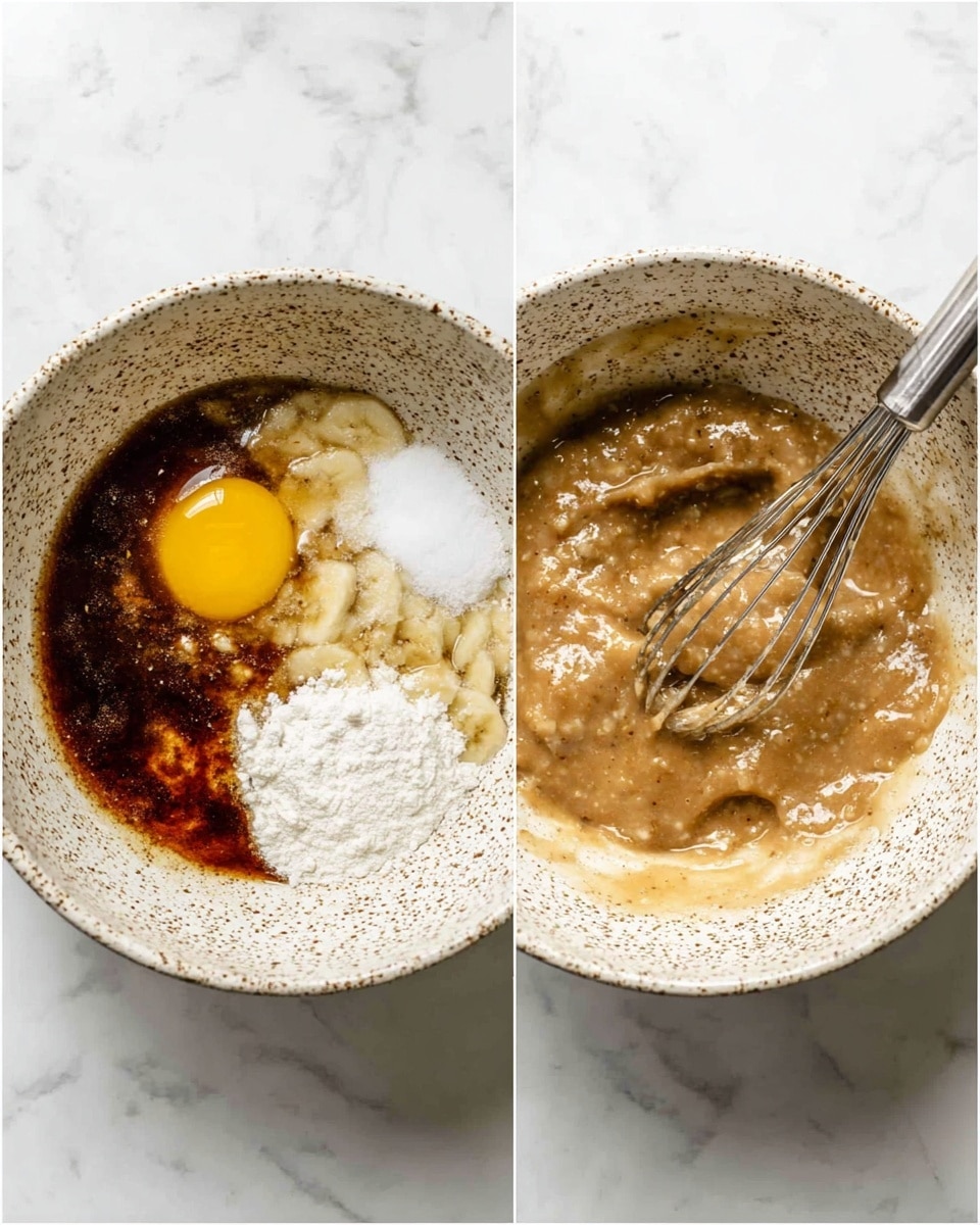 Two side-by-side photos show a white speckled bowl with ingredients for baking on a white marbled surface. The left photo shows layers of ingredients before mixing: a raw yellow egg yolk in the center, white powder (likely flour), dark brown sticky syrup, light wet mashed bananas, and white granulated sugar arranged in separate sections inside the bowl. The right photo shows the same bowl after the ingredients have been mixed into a light brown, thick, and slightly lumpy batter with a silver metal whisk resting inside. The bowl texture is rough and speckled throughout the inside. photo taken with an iphone --ar 4:5 --v 7