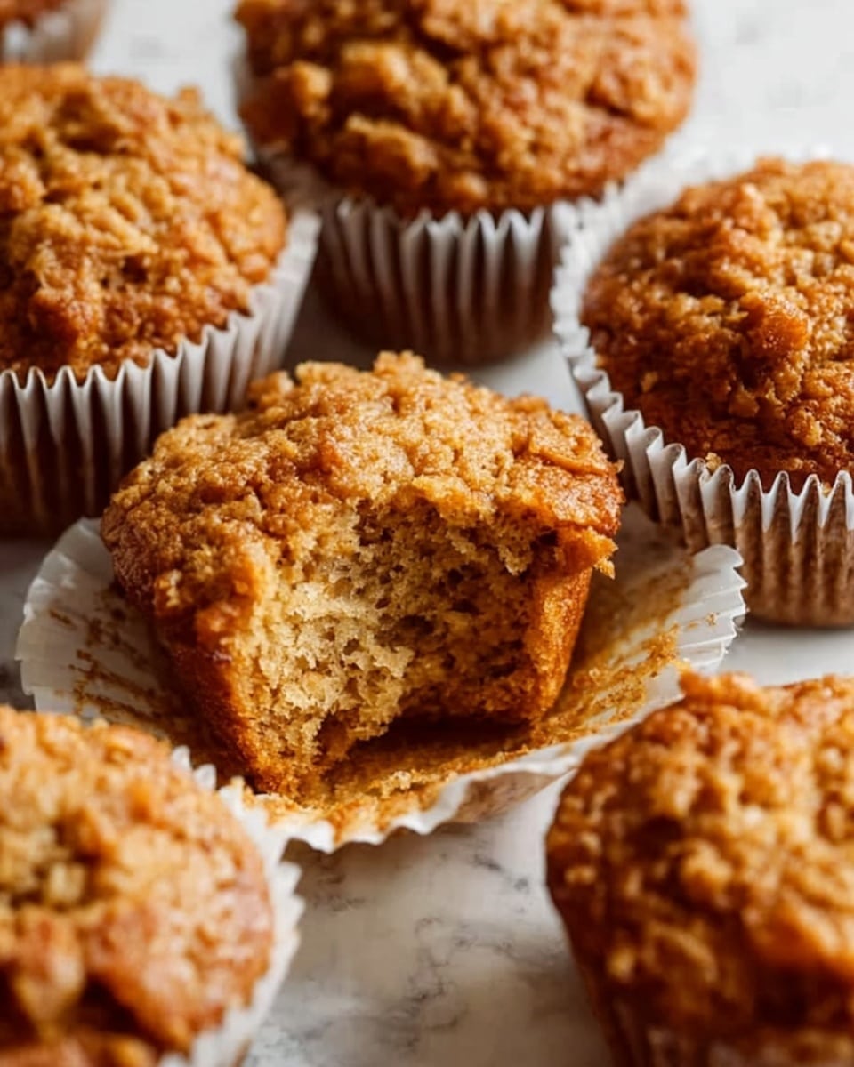 A close-up view of soft, golden-brown muffins with a rough, crumbly top texture, each sitting in white paper liners. One muffin in the front has a bite taken out of it, showing a dense, moist inside with small uneven holes. The muffins are grouped closely together on a white marbled surface, highlighting their warm color and textured tops. Photo taken with an iphone --ar 4:5 --v 7