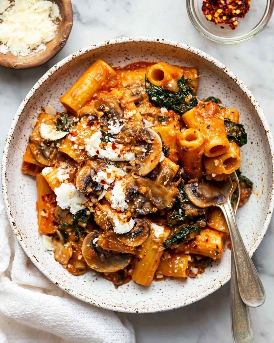A white speckled shallow bowl holds a rich pasta dish with two main layers. The base layer is short, tube-shaped pasta with ridges, showing a warm orange color from tomato sauce. Above the pasta, there are cooked mushroom slices, wilted dark green leafy spinach, and melted white cheese creating a soft uneven texture. The dish is sprinkled with small white cheese bits and red chili flakes on top. A silver fork rests inside the bowl, holding some pasta tubes. The bowl is placed on a white marbled surface with a small bowl of grated cheese and a white cloth nearby. Photo taken with an iphone --ar 4:5 --v 7
