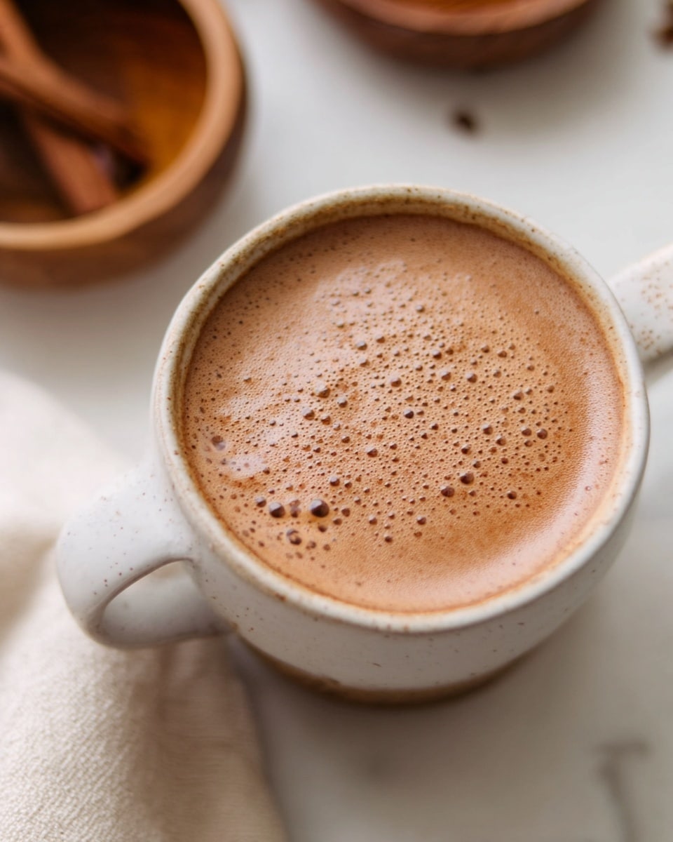 A close-up of a white ceramic cup filled with a light brown frothy drink, possibly a latte or hot chocolate, showing many small bubbles on the surface, resting on a white marbled texture. The cup has a small handle that's partially visible, with a slightly speckled texture on the rim. In the background, blurred wooden bowls are seen, with one holding a few cinnamon sticks. Photo taken with an iphone --ar 4:5 --v 7