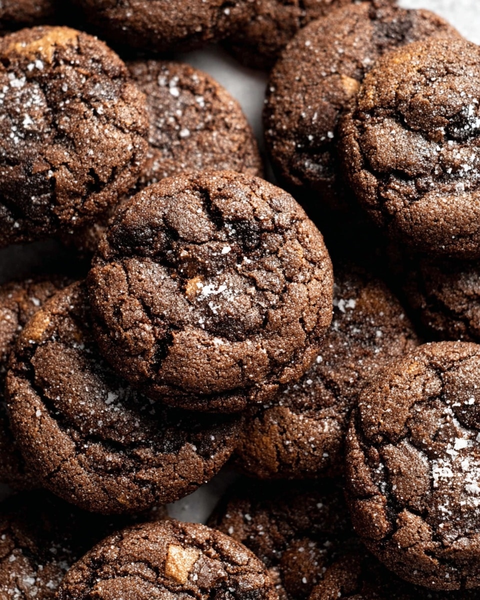 A close-up view of many round, dark brown chocolate cookies stacked closely together, showing a rough, cracked surface texture with patches of lighter brown chocolate chunks and a light dusting of white sugar crystals scattered on top. The cookies have a slightly uneven shape and a crisp appearance on their edges, with depth created by the varied shadows between them, all set against a white marbled texture background. photo taken with an iphone --ar 4:5 --v 7