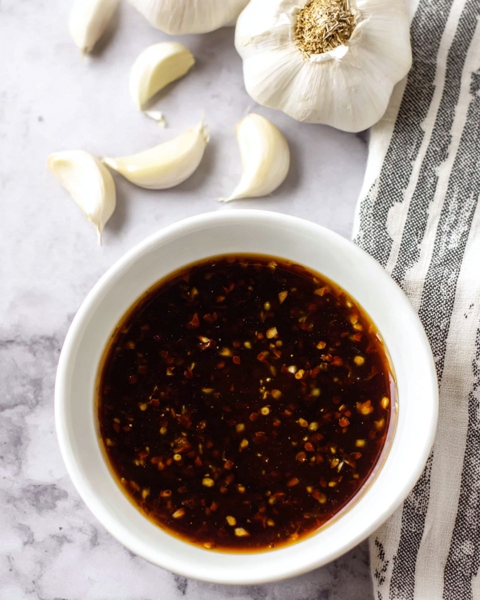 A white bowl filled with dark brown sauce that has small pieces of garlic and spices mixed inside. The sauce looks smooth and shiny, filling the bowl almost to the top. Around the bowl, there are whole garlic bulbs and garlic cloves placed on a white marbled surface. A light-colored cloth with dark stripes is partly visible on the right side of the bowl. The overall scene looks clean and fresh. photo taken with an iphone --ar 4:5 --v 7