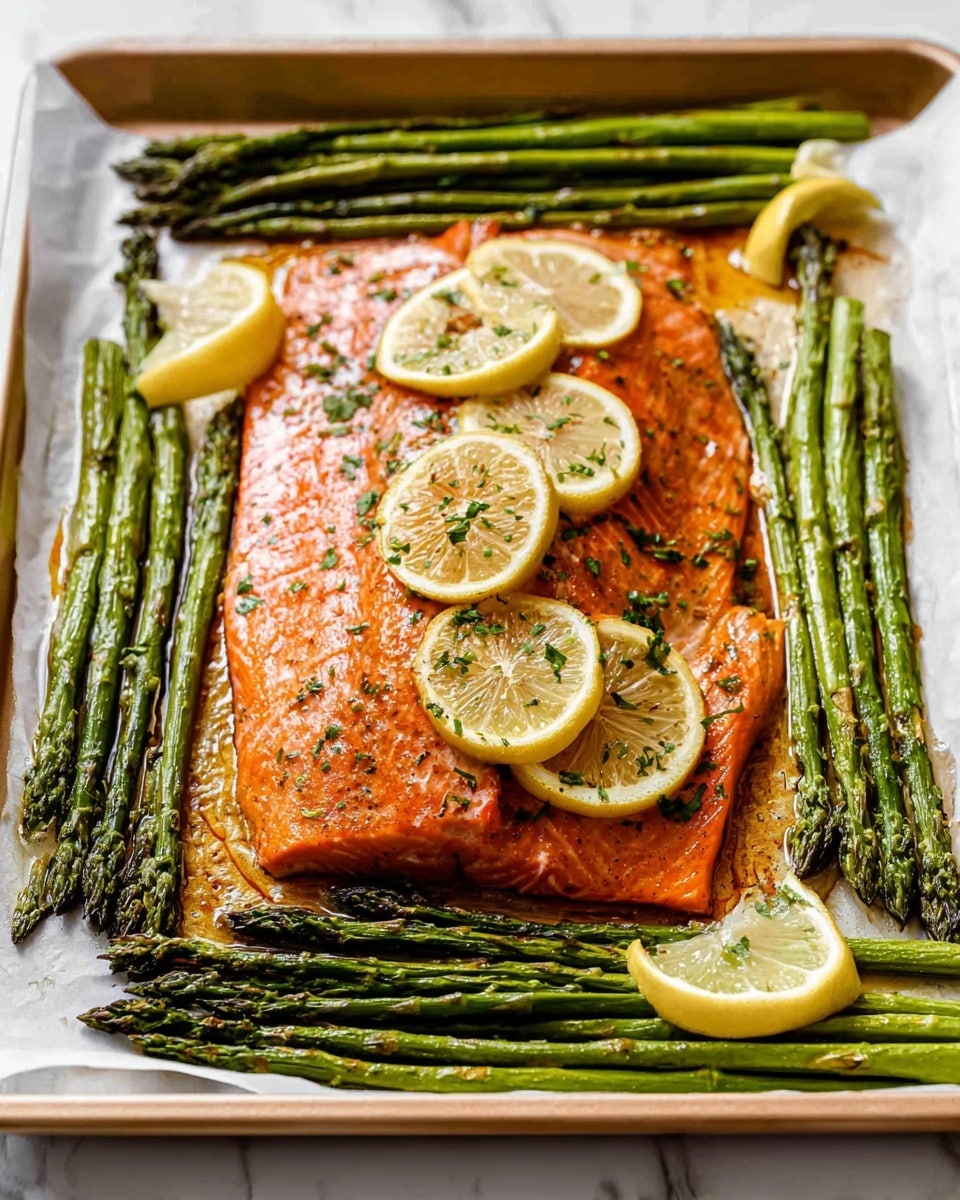 A large piece of cooked salmon fillet with an orange-pink color takes the center of the image, topped with several thin, round lemon slices and sprinkled with green herbs. Around the salmon, there are two layers of green asparagus spears arranged in neat groups, some with slight browning from roasting. The dish is presented on a white baking tray lined with parchment paper, placed on a white marbled surface. The texture of the salmon looks moist and flaky, and the asparagus has a tender but firm texture. photo taken with an iphone --ar 4:5 --v 7