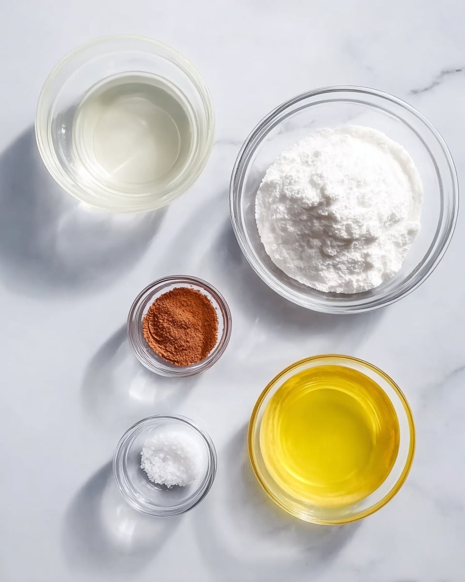 The image shows five clear glass bowls placed on a white marbled surface. The largest bowl at the top right is filled with white powdery sugar. To the left of it, a white bowl contains a clear liquid. Below and slightly to the left, a small clear bowl holds a reddish-brown powder. In the middle bottom, a very small bowl contains white salt. To the right of the powder, another clear bowl contains melted yellow butter, with a smooth texture. The bowls are evenly spaced and there is soft natural light coming from the top left, casting gentle shadows. Photo taken with an iphone --ar 4:5 --v 7