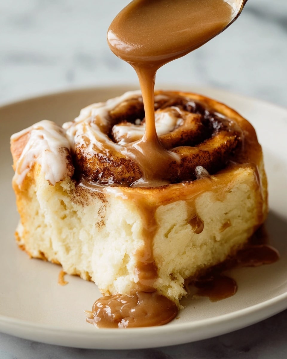 A soft cinnamon roll sits on a white plate, showing its thick, fluffy layers with a light golden-brown edge and a darker cinnamon filling swirled inside. A smooth brown sauce is being poured over the top from a spoon above, slowly dripping down the sides onto the plate. The background features a white marbled surface. photo taken with an iphone --ar 4:5 --v 7
