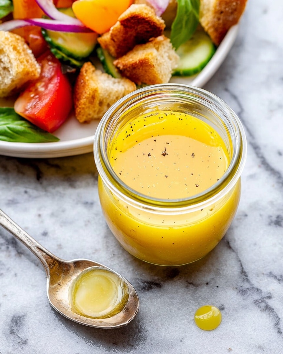 A clear glass jar filled with smooth, bright yellow dressing with small specks of black pepper sits on a white marbled surface. Next to the jar is a silver spoon holding a small amount of the same dressing with a drop spilled beside it. At the top edge of the image, a white plate holds a colorful salad made of chunky toasted bread pieces with a golden-brown crust, slices of green cucumber, thin strips of purple onion, bright orange peach slices, red tomato pieces, and fresh green basil leaves scattered throughout. photo taken with an iphone --ar 4:5 --v 7