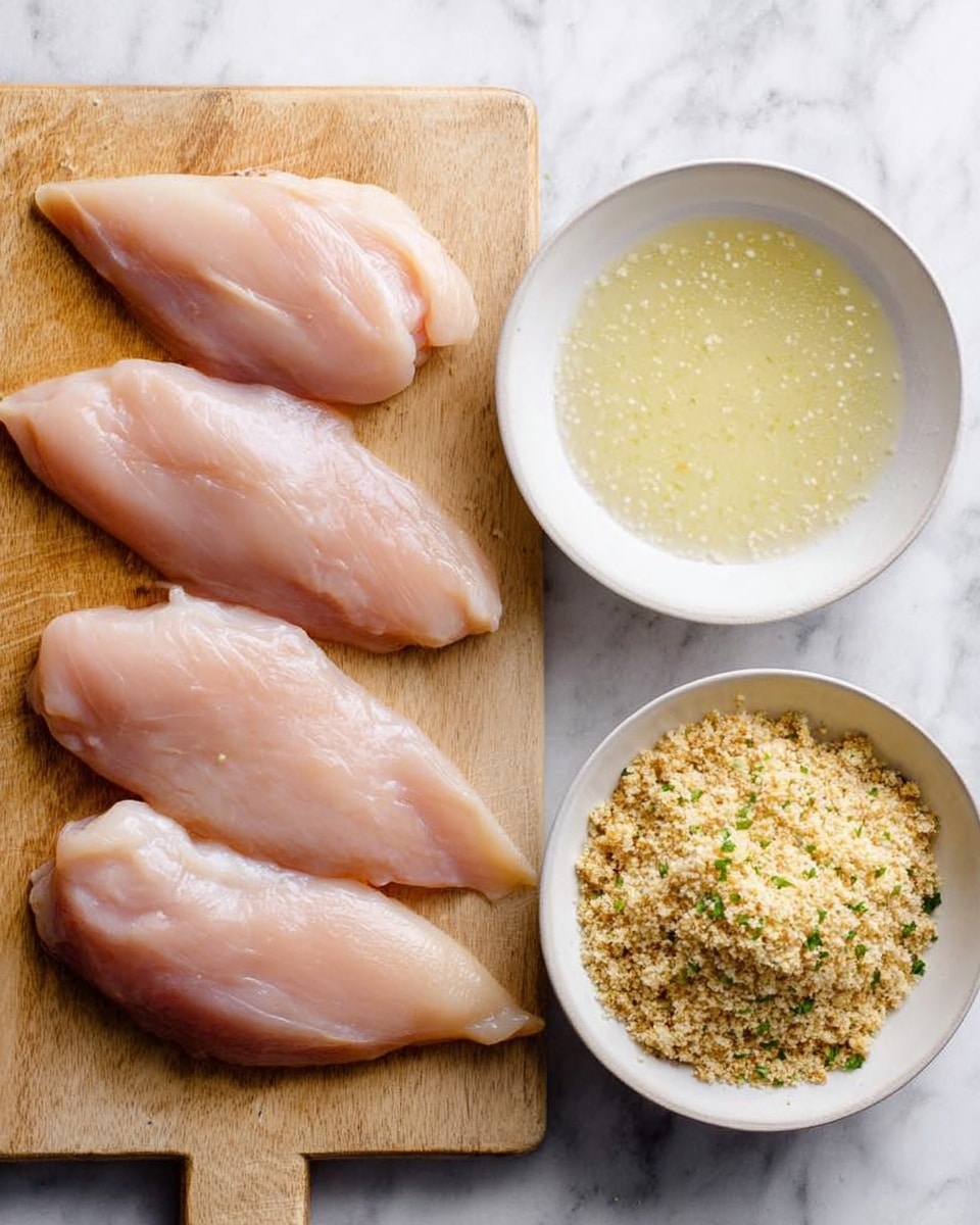 The image shows four pieces of raw, pale pink chicken fillets placed neatly in a row on a light wooden board with a handle on the left side. In front of the board, there are two white bowls on a white marbled surface; the bowl on the left contains a pale yellow, foamy liquid, while the bowl on the right is filled with a crumbly, golden-brown breadcrumb mixture with green herb flecks distributed unevenly throughout the crumbs. The arrangement is simple and clean, with even spacing between the items. Photo taken with an iphone --ar 4:5 --v 7