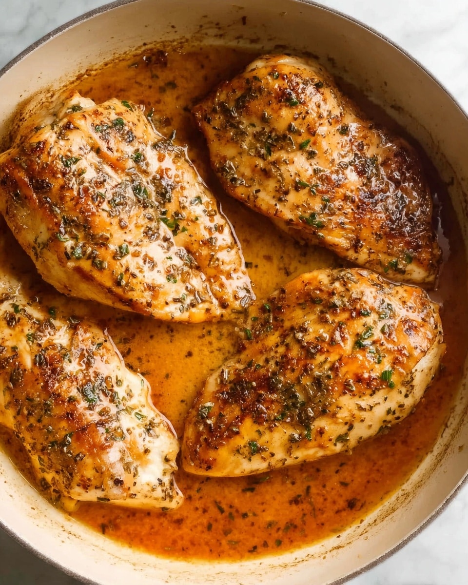 Three cooked chicken pieces lay flat inside a round white pan, covered in a shiny, orange-brown sauce speckled with green herbs. The chicken pieces have a light brown roasted color with visible seasoning. The sauce pools around the chicken, creating a glossy surface that contrasts with the textured, slightly rough skin of the chicken. The pan is placed on a white marbled surface. photo taken with an iphone --ar 4:5 --v 7