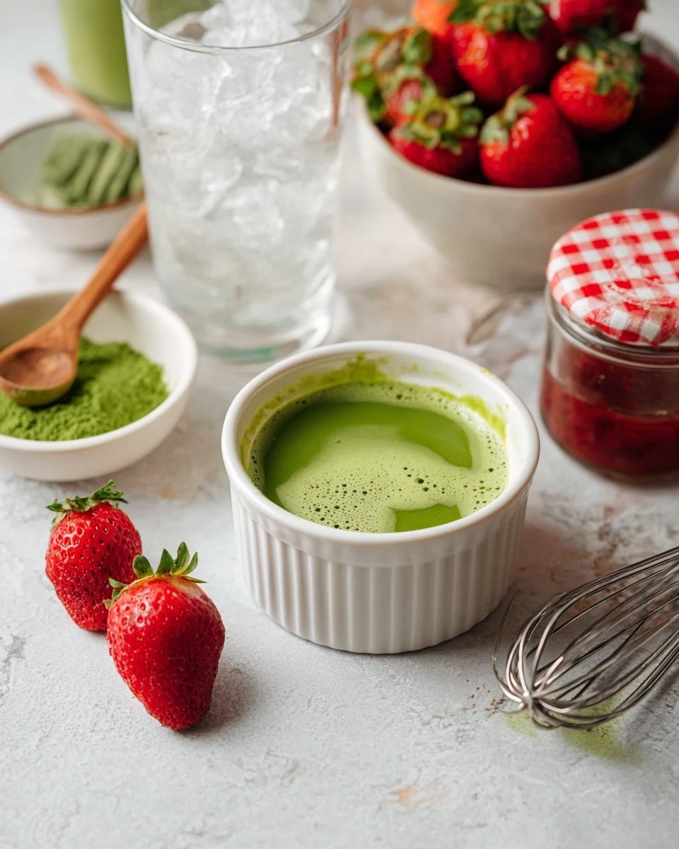 A white ribbed ramekin filled with smooth, bright green liquid with small bubbles on its surface is centered on a white marbled texture. To the left, there is a small white bowl containing green powder and a wooden spoon resting inside it. Two red strawberries, one large and one small, are placed in front of the ramekin on the white marbled surface. Behind the ramekin, a tall clear glass filled with ice cubes and a straw is visible. To the right, there is a white colander filled with fresh strawberries and a small jar with a red and white checkered lid. A metal whisk with traces of the green mixture is laid beside the ramekin. photo taken with an iphone --ar 4:5 --v 7