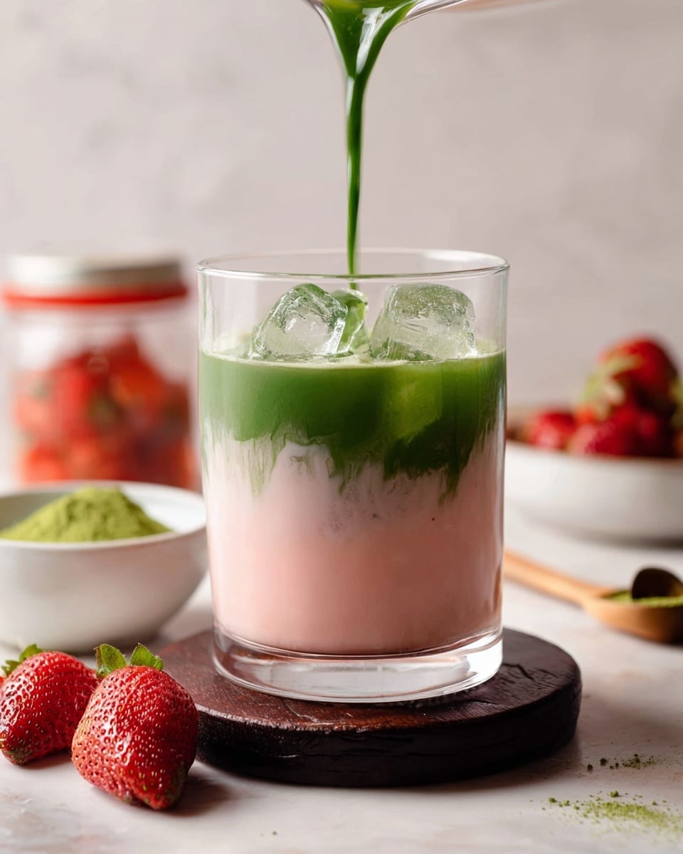 A clear glass holds a two-layered drink set on a dark wooden coaster on a white marbled surface; the bottom layer is light pink and creamy, while the top layer is bright green and liquid, with ice cubes floating between the layers. Green liquid is being poured from above into the glass, blending slightly with the pink layer. Around the glass are fresh red strawberries, a small jar with a red and white lid, a wooden spoon with green powder, and white bowls partially visible in the background. photo taken with an iphone --ar 4:5 --v 7