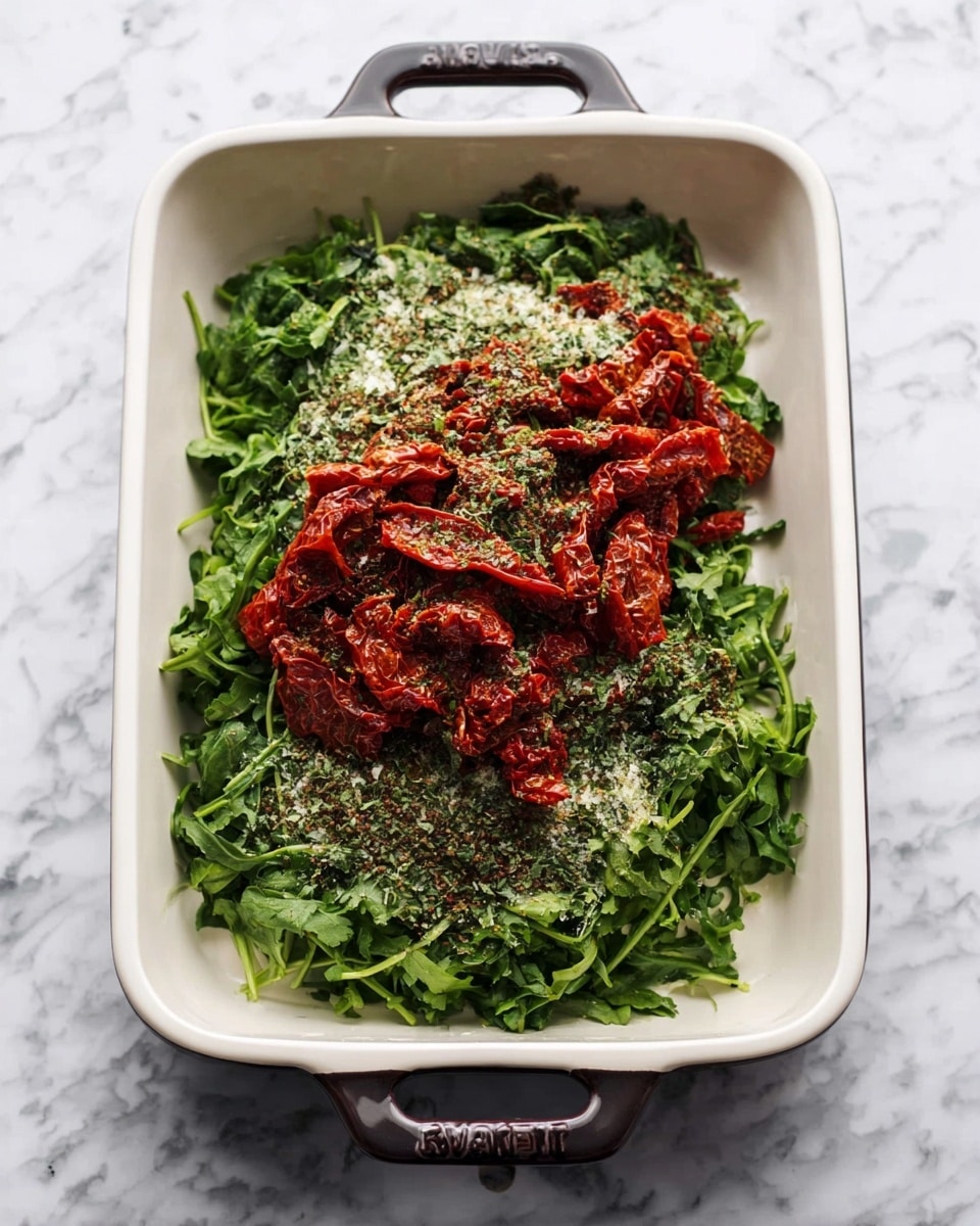 A white rectangular baking dish with dark handles contains three visible layers: the bottom layer is fresh green chopped spinach spread evenly, the middle layer is a pile of bright red sun-dried tomatoes placed in the center, and the top layer is a dusting of mixed dried herbs and seasoning mostly on the sun-dried tomatoes. The dish is set on a white marbled surface. photo taken with an iphone --ar 4:5 --v 7
