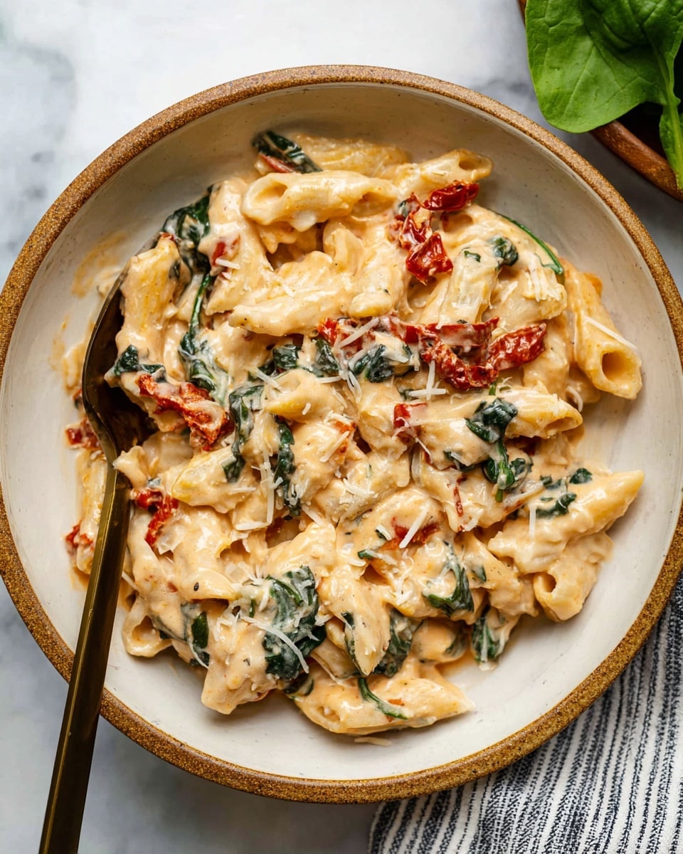 A white bowl with a light brown rim holds a creamy pasta dish with three layers: short pasta tubes coated in a smooth, pale orange sauce, pieces of bright red sun-dried tomatoes scattered throughout, and dark green spinach leaves mixed evenly in. The texture is creamy and rich, with small shreds of white cheese sprinkled on top. A bronze spoon is resting inside the bowl on the left side. The bowl is placed on a white marbled surface with a bit of green leafy spinach visible in the top right corner and a striped cloth in the bottom right. photo taken with an iphone --ar 4:5 --v 7