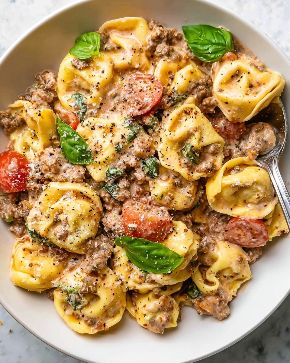 A white plate filled with several layers of yellow tortellini pasta, each piece stuffed and rounded with visible folds, covered in a creamy light brown sauce mixed with small pieces of cooked ground meat. Scattered throughout are chunks of soft red tomatoes and fresh green basil leaves, with a sprinkling of finely grated white cheese and black pepper on top, adding texture. A silver spoon rests inside the pasta, slightly pushing some tortellini to the side. The dish sits on a white marbled textured surface. photo taken with an iphone --ar 4:5 --v 7