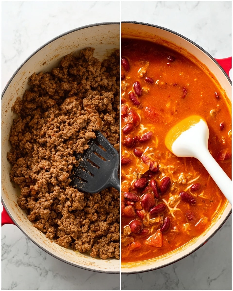 The image shows two side-by-side views of cooking in a white pot. The left side shows a layer of browned ground meat with a coarse texture evenly spread across the bottom of the pot, with a black slotted spatula resting inside. The right side shows a bright orange-red layer of soup or stew with a smooth texture, spotted with chunks of red beans and small pieces of browned ground meat. A white spatula with a red silicone head is stirring the mixture. The pot sits on a white marbled surface. Photo taken with an iphone --ar 4:5 --v 7