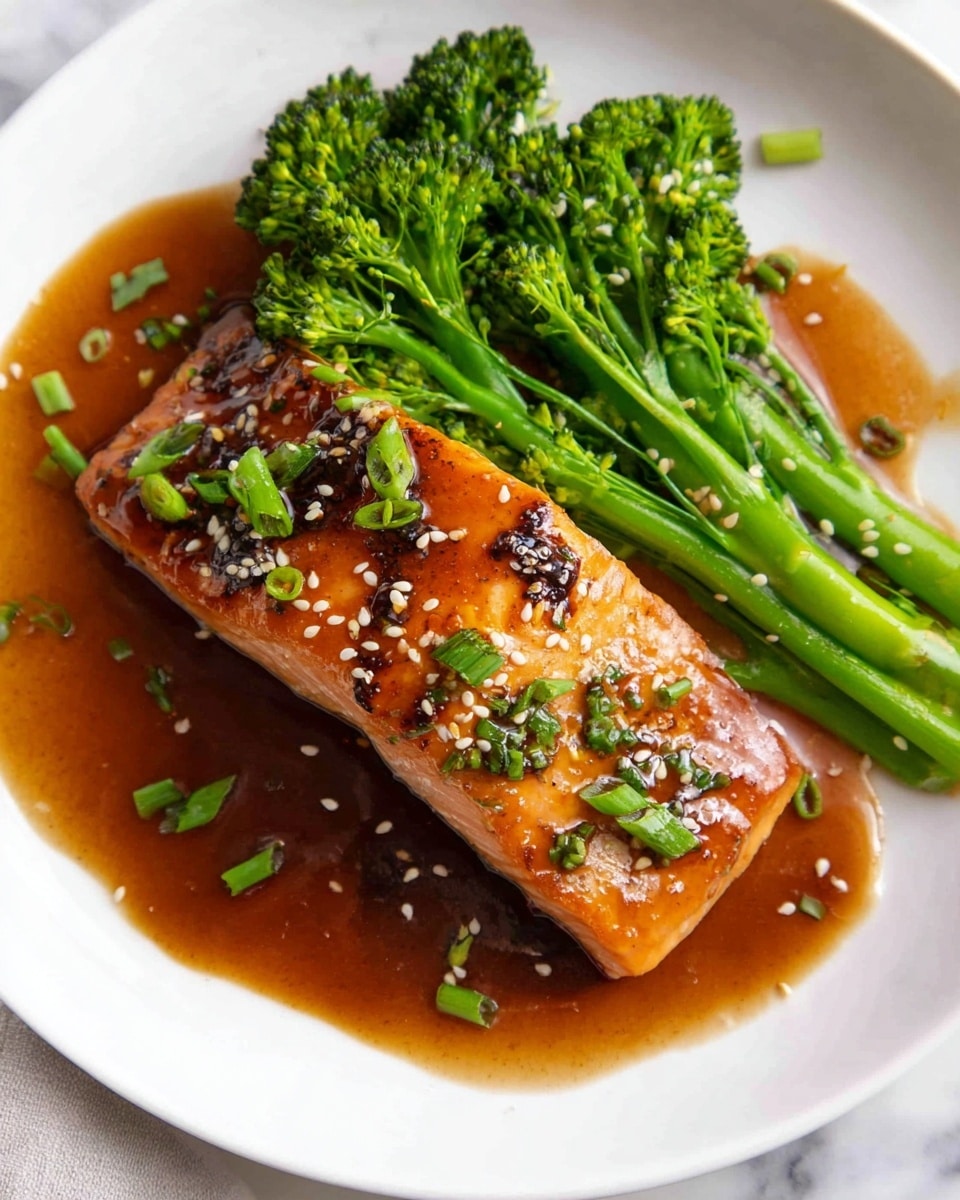 A white plate with a single piece of cooked salmon placed in the center right, showing a shiny brown glaze on the top surface with some light charring. The salmon is sprinkled with small white sesame seeds and finely chopped green onions. On the left side of the salmon, there are several sprigs of bright green broccolini with a fresh, slightly steamed look. A thick brown sauce is spread underneath the salmon and slightly around it, pooling on the white plate. The plate rests on a white marbled surface. Photo taken with an iphone --ar 4:5 --v 7
