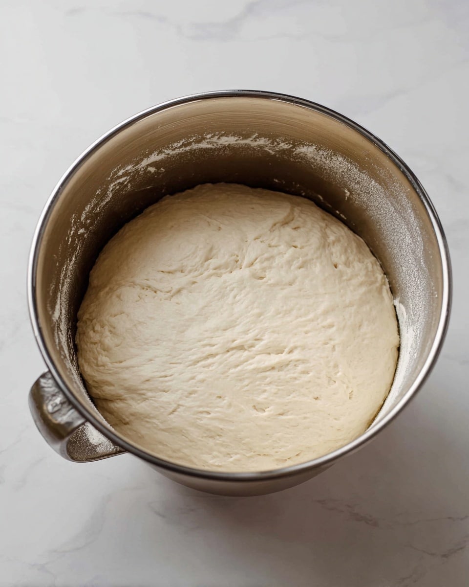 The image shows a large metal mixing bowl with a shiny surface that has a thick, risen bread dough inside. The dough is pale beige with a smooth texture, filling most of the bowl, and it appears soft and fluffy. The bowl is placed on a white marbled surface that has light gray veins, giving a clean and bright look. The metal bowl has a handle on one side, with some dough residue on the inner sides. Photo taken with an iphone --ar 4:5 --v 7