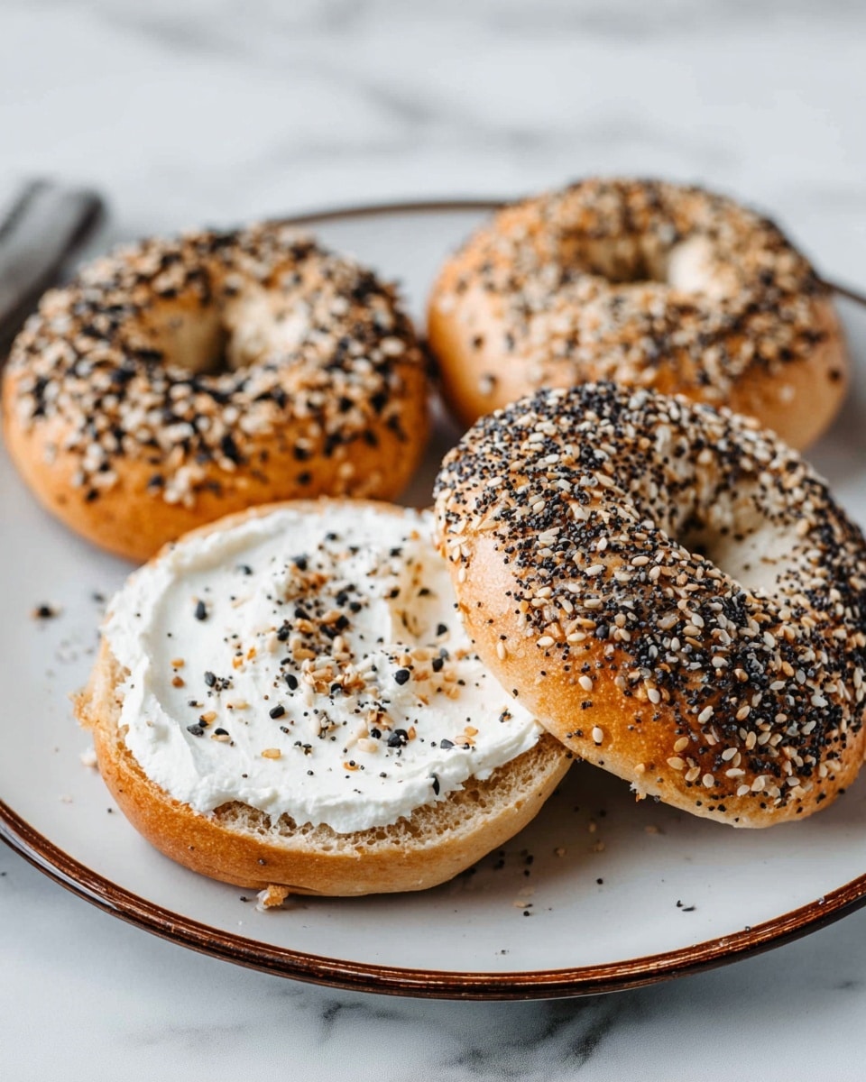 The image shows three toasted bagels on a round white plate with a thin brown rim placed on a white marbled surface. Two of the bagels are whole with a golden-brown crust topped with a mix of black and white sesame seeds, poppy seeds, and other small seeds. The third bagel is split open, revealing a smooth, creamy white layer of cream cheese spread on the bottom half, with the top half leaning against it. Some seeds are scattered around the plate, adding to the texture. photo taken with an iphone --ar 4:5 --v 7