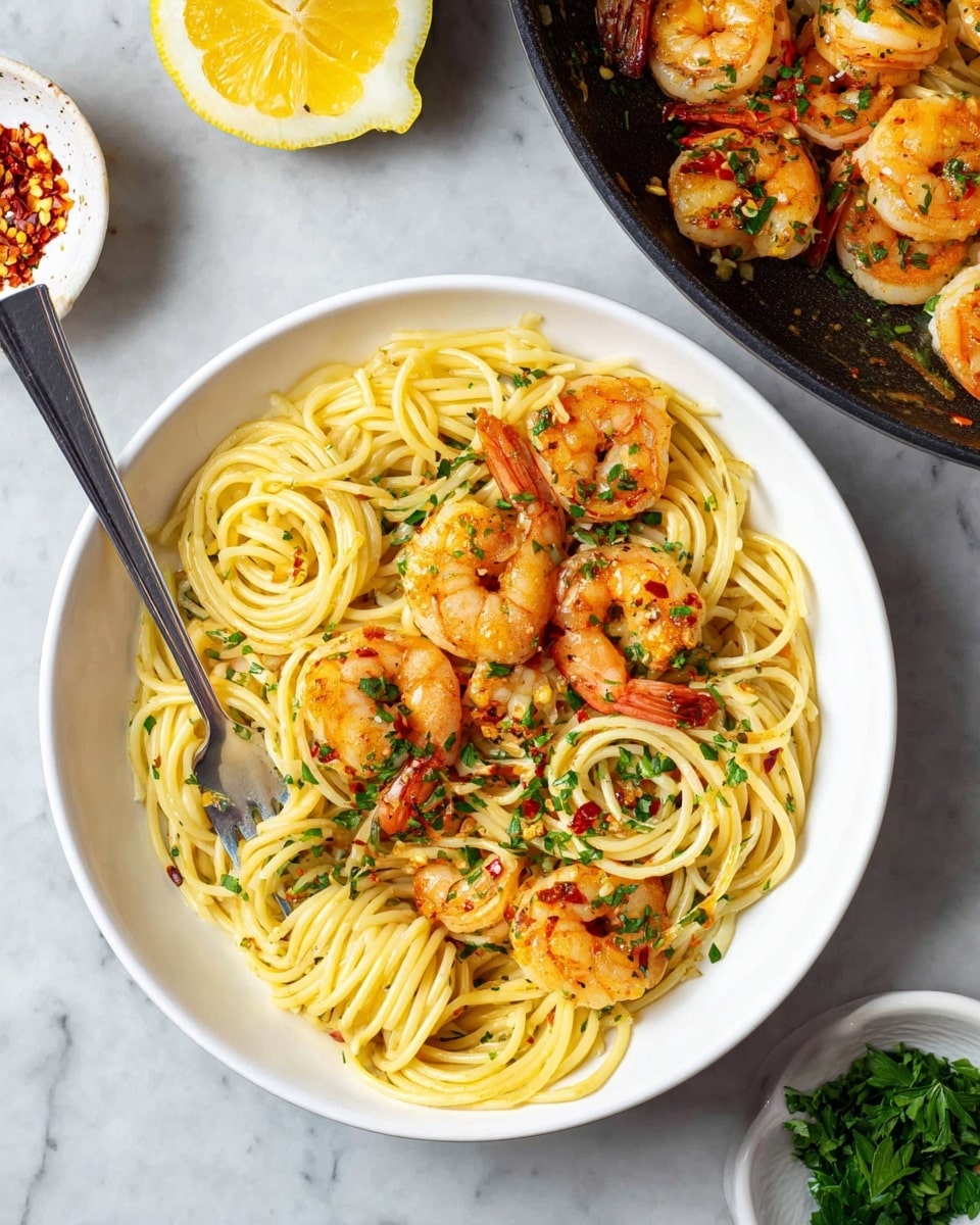 A white bowl of spaghetti pasta forms the base layer, with long, smooth, yellow noodles curled and piled neatly. On top lie several cooked shrimp, pink and lightly charred with more orange tones, sprinkled with green chopped herbs and small red chili flakes. A silver fork rests inside the bowl on the left side, slightly buried in the spaghetti. To the top right, a black pan filled with more shrimp and lemon wedges is partially visible, adding orange and yellow colors to the scene. Nearby, a small white dish holds more red chili flakes, and some green parsley sits at the lower right corner. The whole scene is set on a white marbled surface. Photo taken with an iphone --ar 4:5 --v 7