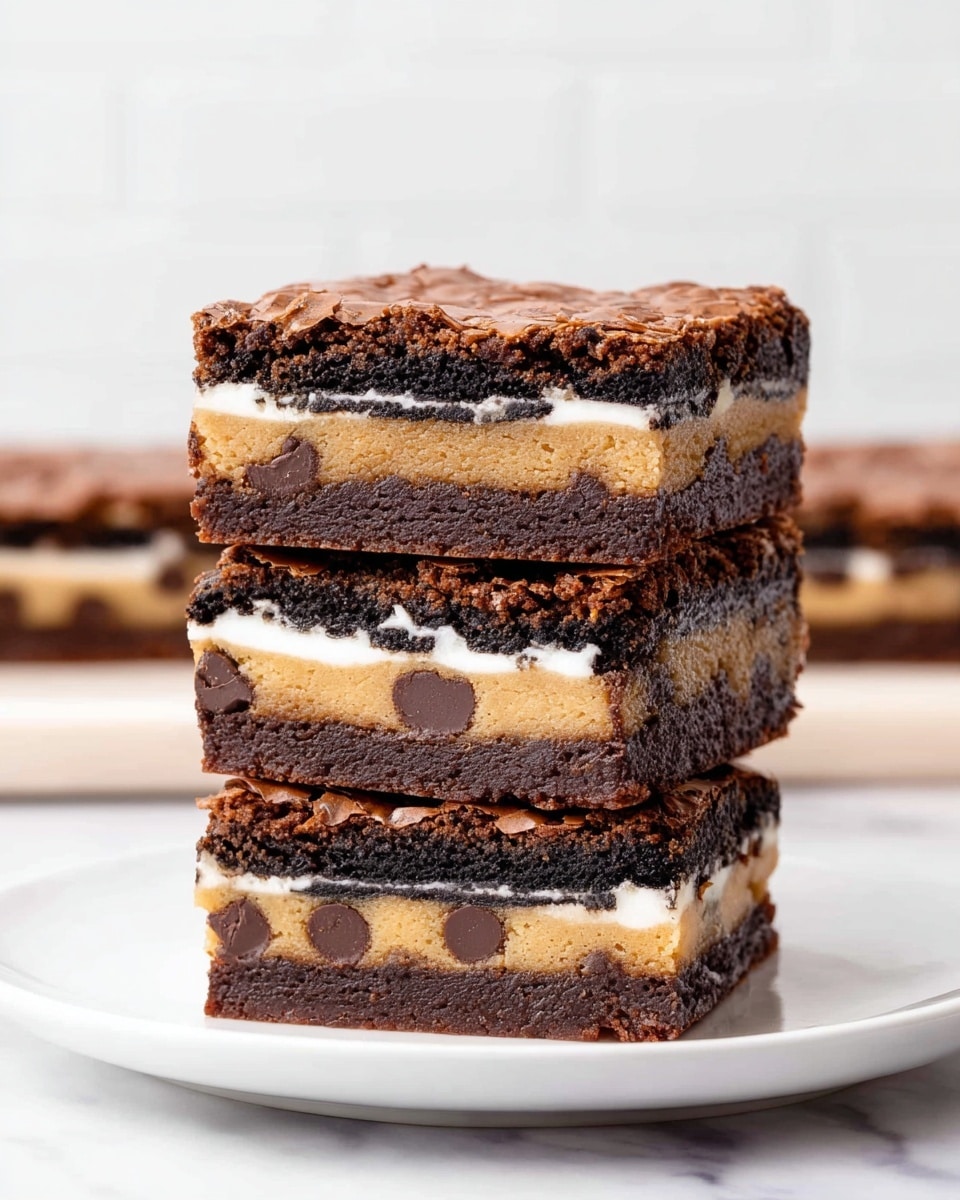 A stack of three dessert bars on a white plate, each bar has four visible layers. The top layer is a cracked, dark brown brownie with a slightly rough texture. Below it is a thin, dark cookie layer with white cream filling. The third layer looks like a light brown cookie dough with several medium chocolate chips spread inside. The bottom layer is a thick, smooth, dark brown brownie base. The background features a white marbled surface and the photo is taken with an iphone --ar 4:5 --v 7