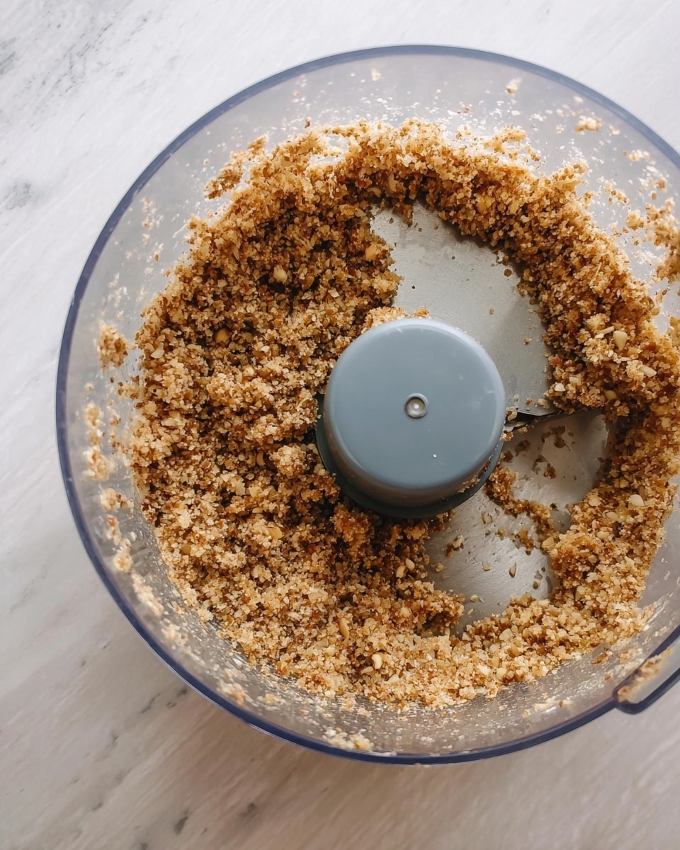 A clear plastic bowl with a gray blade in the center holds a crumbly, light brown mixture that looks like small pieces of nuts or grains. The texture appears coarse and slightly uneven, with tiny white and darker brown bits spread throughout. The bowl has some white residue around its sides and rests on a white marbled surface. Photo taken with an iphone --ar 4:5 --v 7