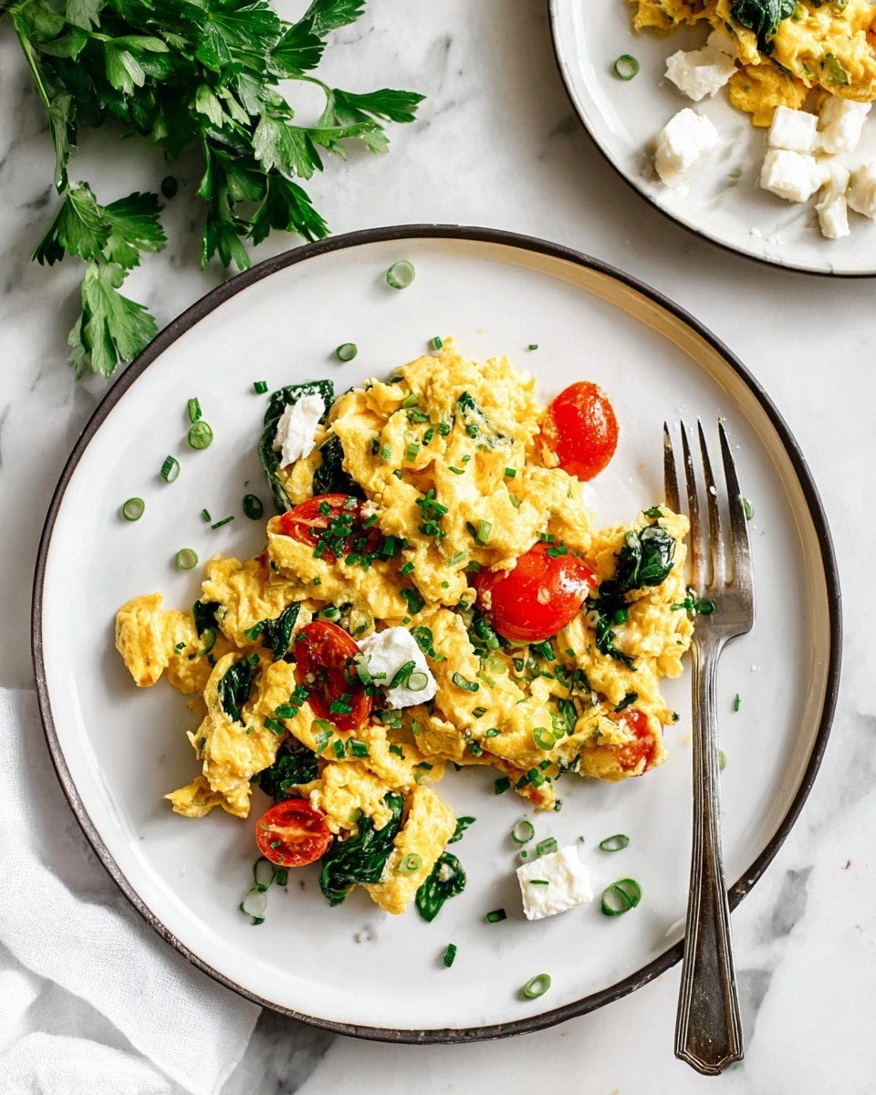 The dish shows scrambled eggs with a soft, fluffy texture in a light yellow color spread unevenly on a white plate with a thin dark rim. Mixed in are red cherry tomato halves and dark green spinach leaves, adding bursts of color and texture. Some small white cheese chunks are scattered on top, contrasting with the vibrant vegetables. Fresh green chopped herbs, likely parsley and spring onions, are sprinkled over for a fresh look. To the right of the plate lies a silver fork resting on the plate's edge. The entire setting is on a white marbled surface with a small bunch of fresh parsley visible at the left edge. In the background, there is a smaller white plate with additional white cheese chunks and a silver butter knife placed across it. Photo taken with an iphone --ar 4:5 --v 7