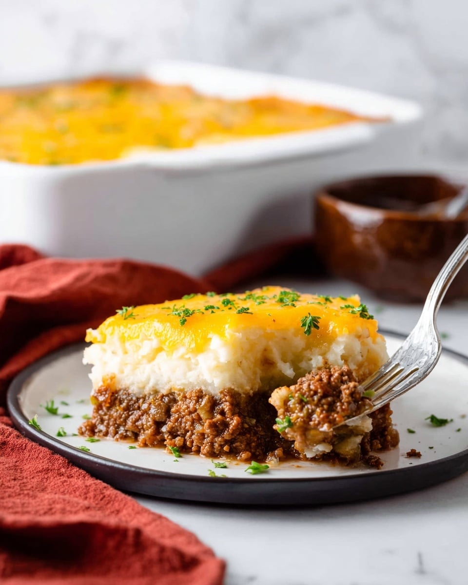 A piece of layered shepherd’s pie sits on a white plate, showing three clear layers: the bottom layer is a thick, crumbly brown meat base, the middle is a smooth, creamy white mashed potato layer, and the top is a shiny, bright yellow cheese layer sprinkled with small green parsley bits. Part of the pie has been scooped with a silver fork, lifting a portion with all three layers visible. In the background, a large white baking dish filled with more shepherd’s pie is slightly out of focus against a white marbled surface. A reddish cloth and a small brown bowl are also softly visible. photo taken with an iphone --ar 4:5 --v 7