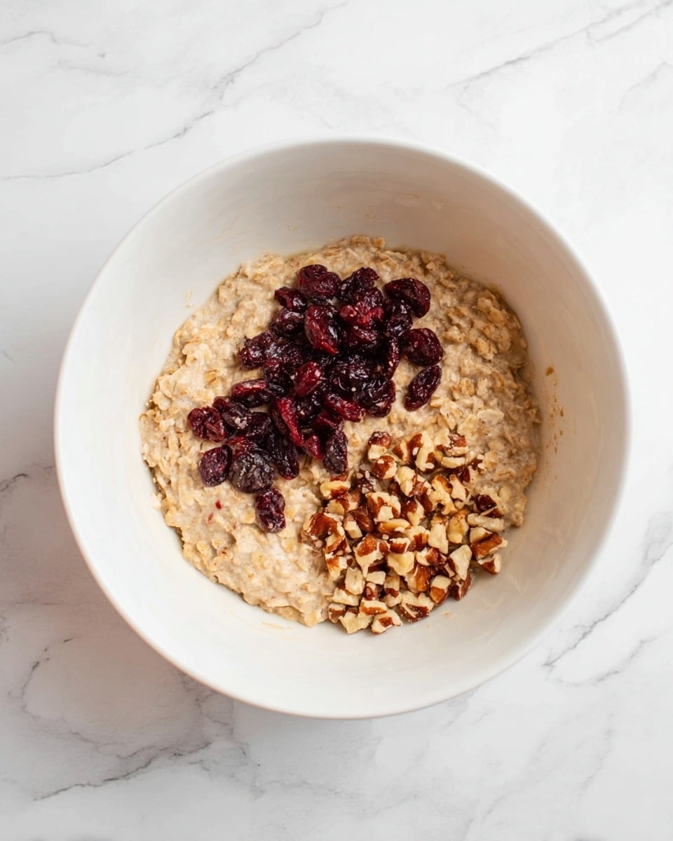 A white bowl sits on a white marbled surface, filled with a thick oatmeal mixture that is light brown and textured with soft oats. On top of the oatmeal, there are two separate piles: one of dark red dried cranberries with a wrinkled look, and next to it, a pile of chopped light brown nuts with a rough texture. The bowl is clean around the sides, showing the mix inside in clear detail. photo taken with an iphone --ar 4:5 --v 7