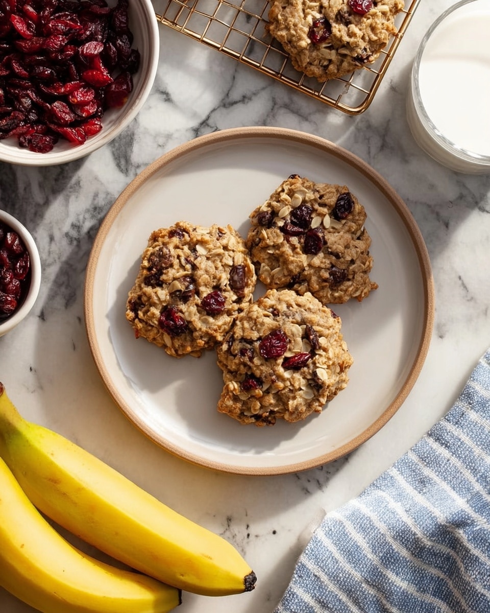 Three oatmeal cookies with visible dried cranberries and nuts sit on a round white plate in the center. The cookies are light brown with rough, chunky textures and darker spots where the cranberries are. To the left, there is a bowl filled with red dried cranberries and some cookies resting on a cooling rack above it. On the right side, two yellow bananas lie on a white marbled surface with a blue-striped white cloth nearby. The top right shows part of a white cup with milk. The scene is bright with natural light, focused on the plate of cookies. photo taken with an iphone --ar 4:5 --v 7