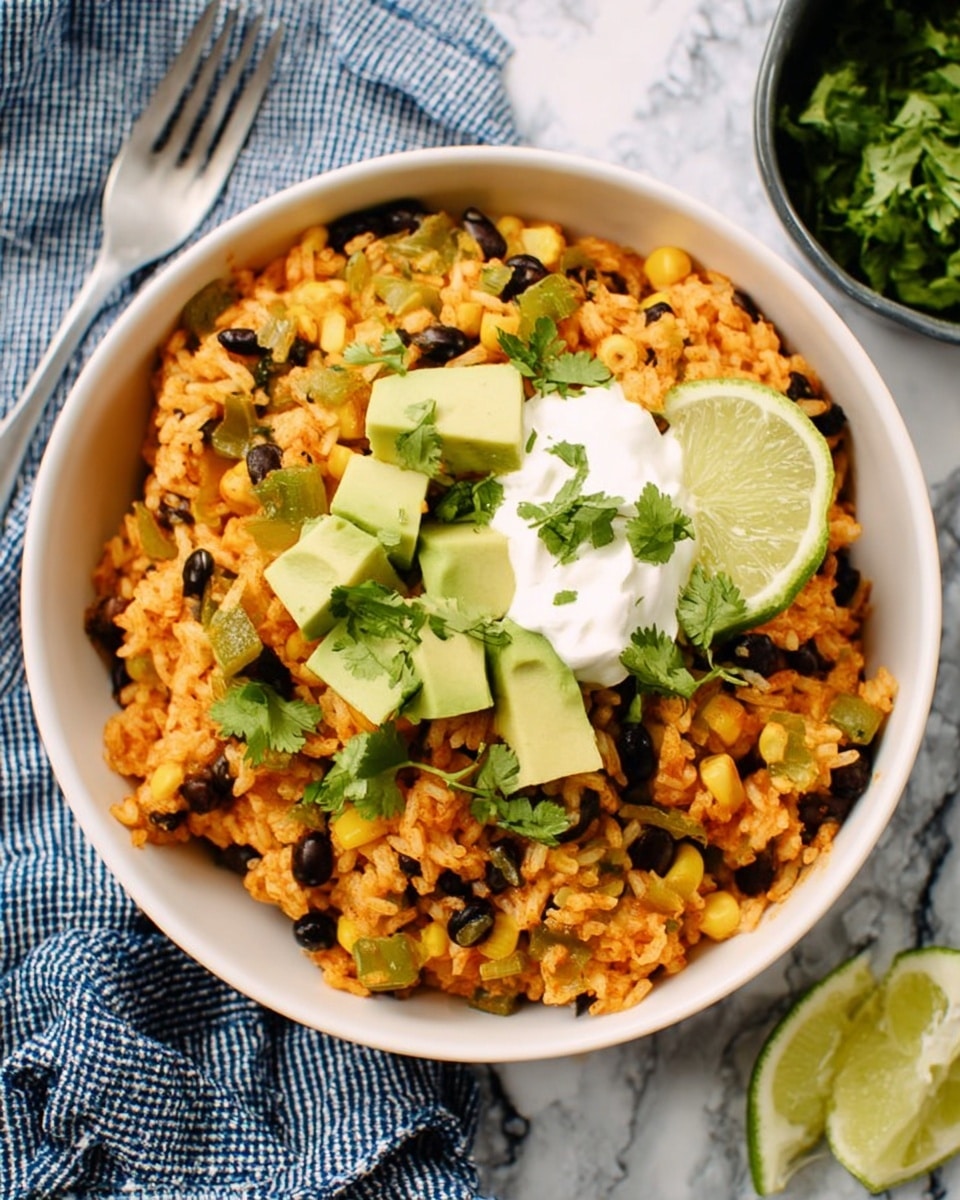 A white bowl filled with a mixed rice dish that is orange in color, containing black beans, corn, and small green vegetable pieces. On top, there are chunks of bright green avocado, a wedge of lime, and a dollop of white sour cream, all sprinkled with fresh green cilantro. The bowl sits on a white marbled surface with a blue and white checkered cloth nearby and a small dark bowl with more cilantro in the background. photo taken with an iphone --ar 4:5 --v 7