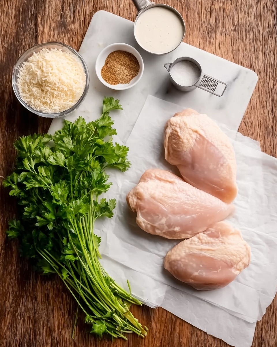 The image shows three raw chicken pieces placed on a white piece of parchment paper over a wooden surface. To the bottom left of the chicken, there is a bunch of fresh green parsley with bright leaves. Above the chicken, there is a white small bowl with a creamy white sauce, a metal measuring cup with grated cheese, and two small white bowls containing light brown and darker brown spices. The background is a white marbled texture. The overall look is clean and organized, with fresh and natural colors photo taken with an iphone --ar 4:5 --v 7
