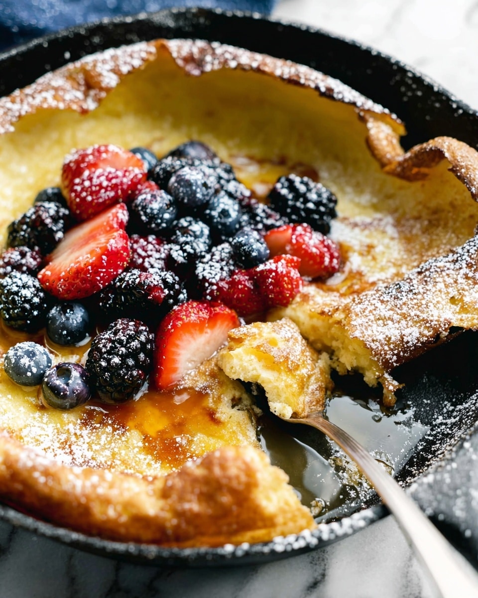 A soft, golden-yellow Dutch baby pancake with a slightly crisp, folded edge dusted with powdered sugar sits in a black pan. On top of the pancake is a layer of amber-colored syrup that pools gently around fresh berries including dark blackberries, plump blueberries, and sliced bright red strawberries, all sprinkled lightly with powdered sugar. A silver fork is pulling a fluffy piece from the center, showing the pancake’s tender texture. The black pan rests on a white marbled surface. photo taken with an iphone --ar 4:5 --v 7