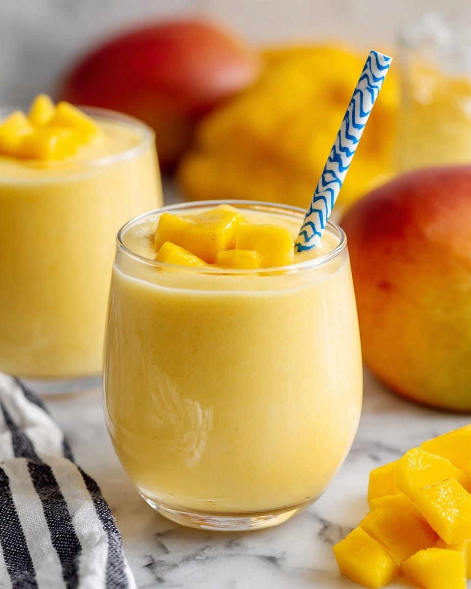 A clear glass filled with a thick, creamy yellow smoothie sits on a white marbled surface. The smoothie has a smooth texture and is topped with small chunks of bright yellow mango. A striped paper straw with blue and white spirals stands upright in the glass. Around the glass, fresh mango cubes rest to the right, and blurred whole mangoes and more glasses of similar yellow smoothie are visible in the background. A black and white striped cloth is partially visible in the lower left corner. photo taken with an iphone --ar 4:5 --v 7