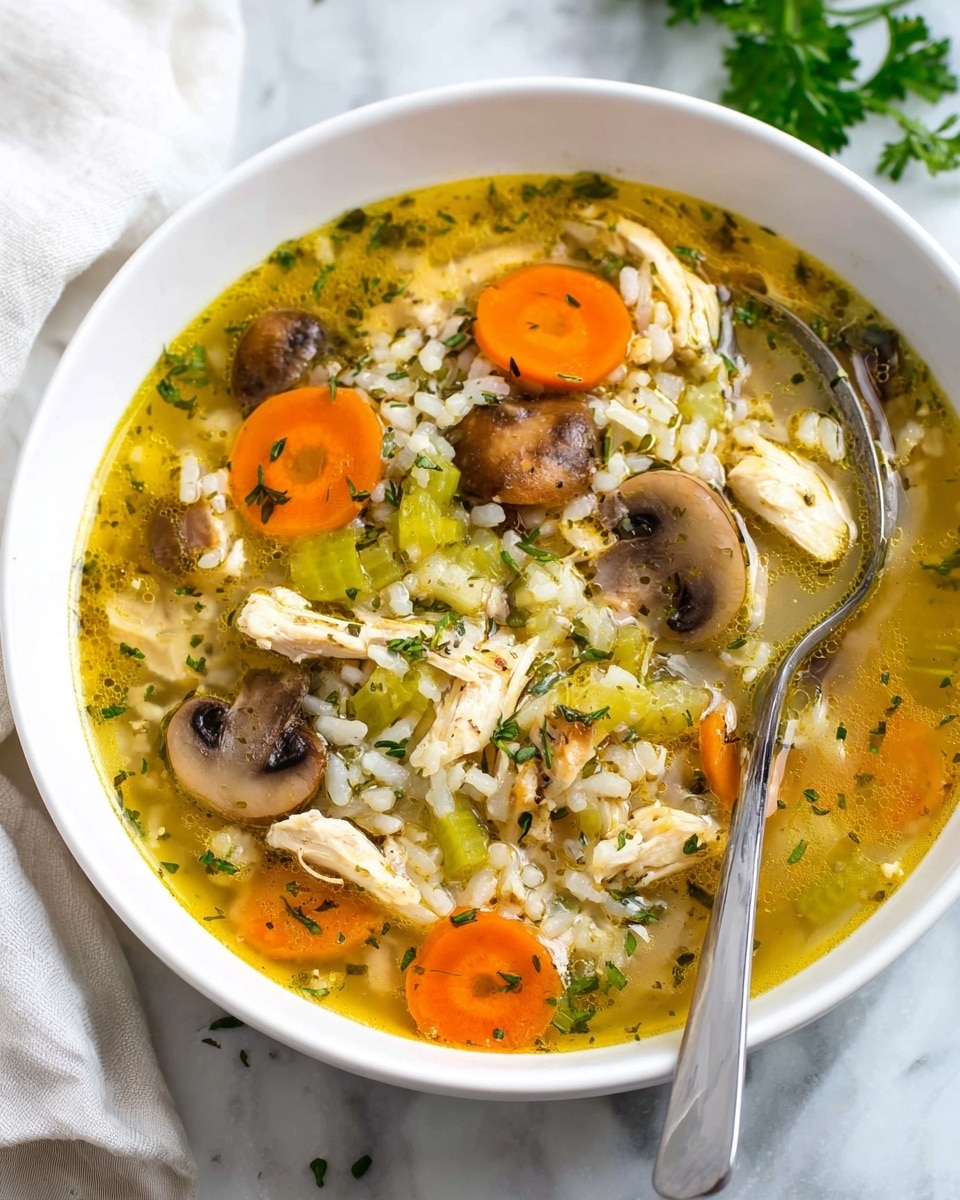 A white bowl filled with chicken soup showing visible layers including orange carrot slices, light green celery, brown mushroom slices, white rice grains, and shredded white chicken pieces in clear yellow broth with herbs sprinkled on top, a silver spoon resting inside the bowl on the right side, all placed on a white marbled surface with a white cloth and some green herbs visible in the background, photo taken with an iphone --ar 4:5 --v 7