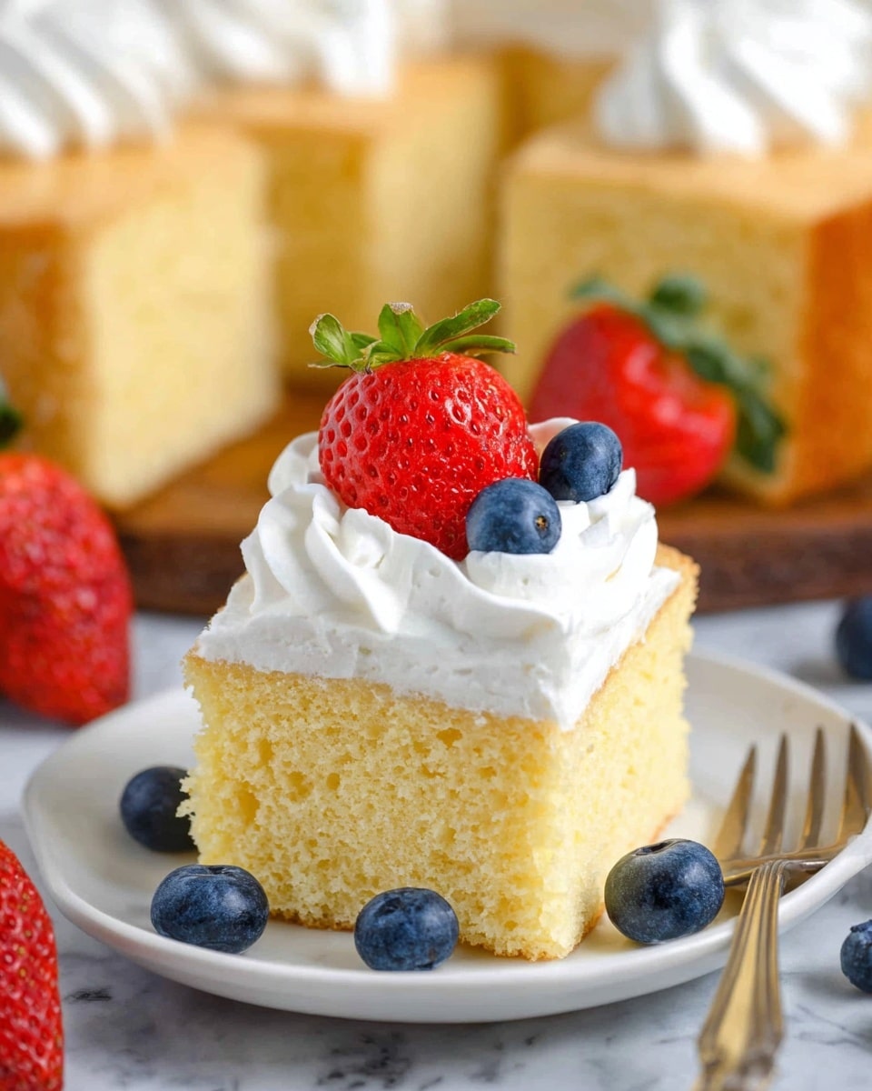A square piece of yellow sponge cake sits on a white plate, topped with a thick swirl of white whipped cream, one red strawberry with a green stem on top, and two blue blueberries on the cream. Around the cake on the plate are more blueberries and another red strawberry with a green stem. In the background, there are more square pieces of the yellow sponge cake arranged closely together, all on a white marbled surface with some out-of-focus strawberries and blueberries scattered around. A silver fork is partly visible on the right edge of the plate. Photo taken with an iphone --ar 4:5 --v 7