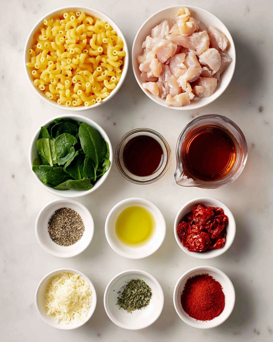 The image shows ten small white bowls and one small clear glass jug, all placed neatly on a white marbled surface. Starting from the top left, a bowl contains yellow elbow macaroni with a smooth texture. To the right, a bowl is filled with light pink, raw sliced chicken pieces with a slightly glossy look. Below the macaroni, the glass jug holds a dark reddish-brown liquid. Next to it, a small white bowl holds a clear, golden yellow oil. Below are small white bowls with different ingredients: one with black pepper, another with fresh green spinach leaves, one with a pile of white grated cheese, a bowl of dried red tomatoes, fresh minced garlic in another bowl, a bowl with green dried herbs, and a final bowl with bright red powdered spice. All bowls are round and evenly spaced. Photo taken with an iphone --ar 4:5 --v 7