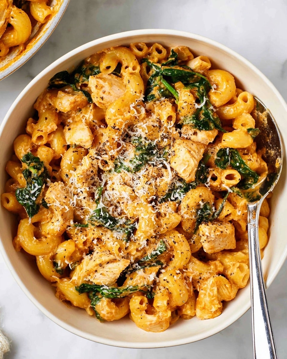 A white bowl filled with a creamy macaroni dish showing about three layers: the bottom layer is yellowish macaroni pasta, the middle layer has pieces of cooked chicken and dark green spinach leaves mixed with the pasta, and the top layer is sprinkled with light grated cheese and black pepper. The sauce is orange and coats all ingredients, making the pasta shiny and smooth. A silver spoon rests inside the bowl at the right edge. The background is a white marbled texture with a small part of another bowl slightly visible at the top left corner. photo taken with an iphone --ar 4:5 --v 7