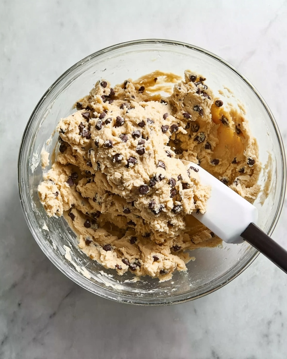 A clear glass mixing bowl sits on a white marbled surface, filled with thick, light beige cookie dough mixed with plenty of small, dark chocolate chips throughout. A white spatula with a black handle is resting inside the bowl, partially covered with dough. The dough looks creamy and dense with a rough texture from the chocolate pieces. photo taken with an iphone --ar 4:5 --v 7