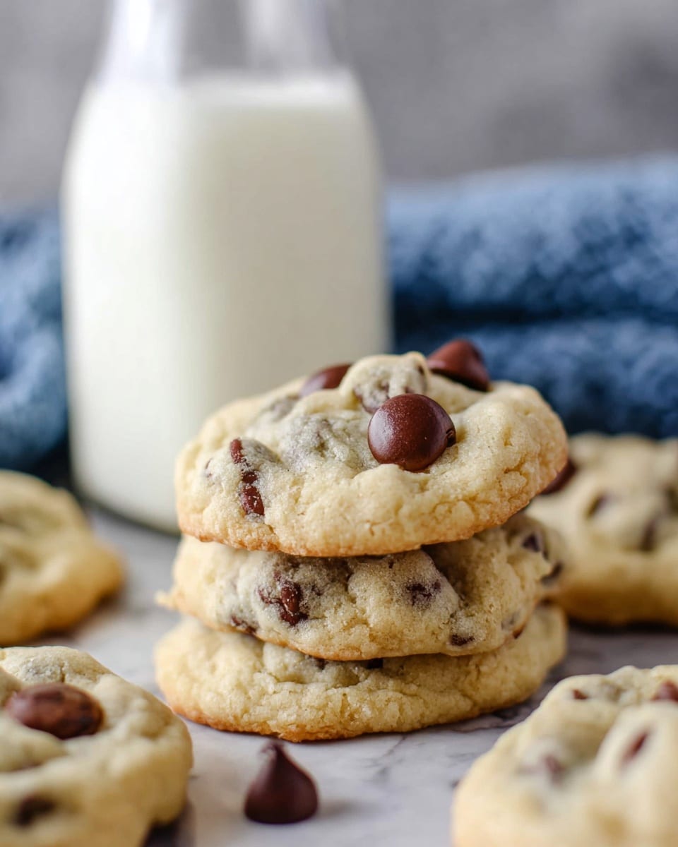 A close-up view of a stack of two light golden chocolate chip cookies with soft, slightly bumpy texture and several smooth dark brown chocolate chips embedded and slightly melting at the top. Around the stack are more cookies showing the same light dough and chocolate chips. Behind the cookies, a tall clear glass bottle filled with white milk sits on a white marbled surface with a blurred blue textured cloth in the background. photo taken with an iphone --ar 4:5 --v 7