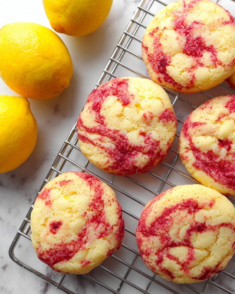 The image shows six light yellow cookies with bright red swirls, arranged on a metal cooling rack over a white marbled surface. The cookies have a soft, slightly bumpy texture with uneven red spots spread across them, giving a marbled look. Near the top left corner, three whole yellow lemons are placed, adding a fresh contrast to the cookies. The whole scene is brightly lit, highlighting the texture and colors of the cookies and the lemons. photo taken with an iphone --ar 4:5 --v 7