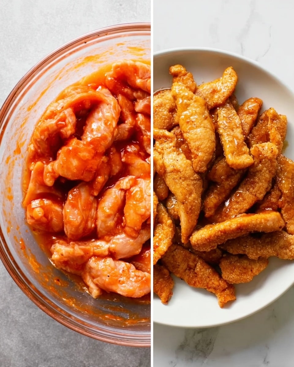 The image shows two side-by-side pictures. On the left, a clear glass bowl holds raw chicken pieces covered in bright orange-red sauce, with a glossy and wet texture. On the right, a white plate displays cooked chicken strips that are golden brown with a slightly crispy outer layer, arranged loosely in the center. Both images have a white marbled background. photo taken with an iphone --ar 4:5 --v 7