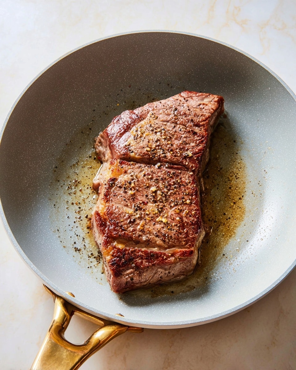 A single thick piece of brown steak with a seared crust and specks of black pepper sits in the center of a light gray pan with a golden handle. The steak shows slight pink hues on the edges, with visible juicy texture and a small pool of oil around it. The pan is placed on a white marbled surface with soft light highlighting the steak's details. photo taken with an iphone --ar 4:5 --v 7