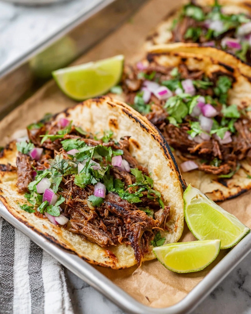 The image shows a close-up of three small soft corn tortillas on a silver tray lined with light brown paper. Each tortilla has a layer of shredded brown meat topped with small pieces of bright green cilantro and finely chopped purple-red onion. There are two lime wedges sitting on the tray beside the tortillas, adding a fresh yellow-green contrast. The tortillas are lightly toasted with some char marks, giving a rustic look. The background is a white marbled surface with a blurred striped cloth at the bottom edge. Photo taken with an iphone --ar 4:5 --v 7