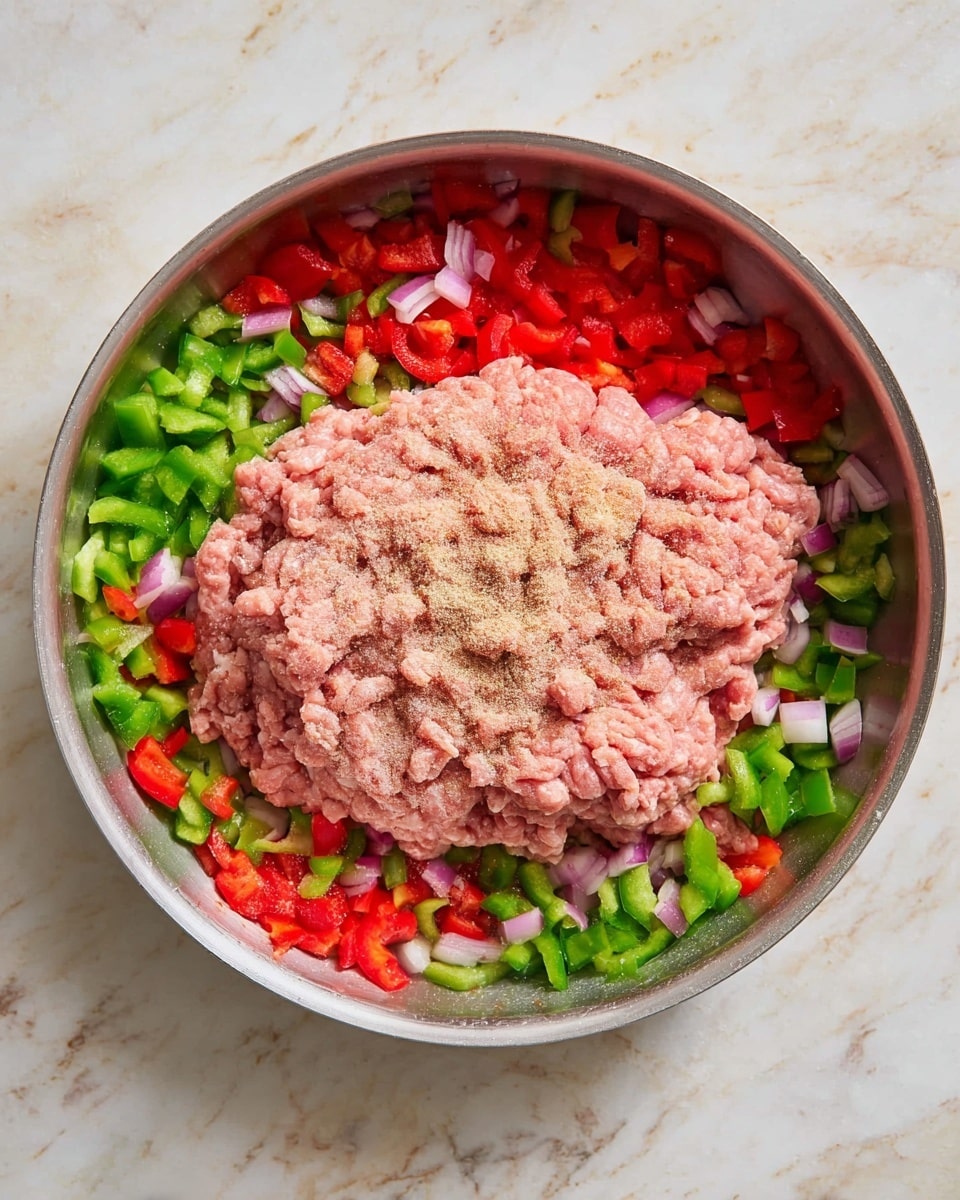 A large round cooking pan shows three main layers: the bottom layer is chopped green and red bell peppers mixed with diced light purple onions forming a colorful, uneven ring around the edges; the middle layer is a large mound of raw ground meat in a pale pink shade, placed mostly in the center and slightly spreading outward; the top layer is a sprinkling of light brown seasoning powder scattered unevenly on top of the ground meat; the pan sits on a white marbled surface. photo taken with an iphone --ar 4:5 --v 7