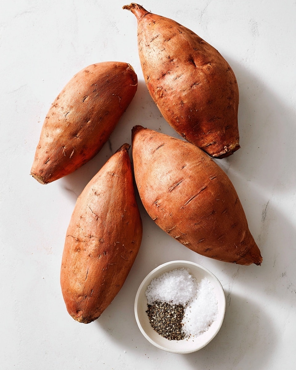 Four whole sweet potatoes with rough brown-orange skin are placed on a white marbled surface, arranged loosely in a square shape with one slightly tilted. Near the bottom right corner is a small white bowl filled with coarse white salt and cracked black pepper, with the two seasonings side by side forming a clear line in the bowl. The lighting is soft and natural, casting faint shadows under the sweet potatoes. photo taken with an iphone --ar 4:5 --v 7