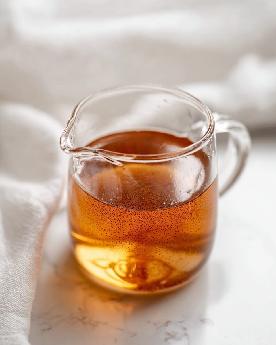 A clear glass container holds a single layer of warm amber liquid with tiny black specks floating evenly throughout. The container has a simple handle on the side and a small spout at the top, showing the liquid’s smooth surface with soft light reflections. In the blurred background, there is a white fabric that adds a gentle softness to the scene, all set on a white marbled surface. photo taken with an iphone --ar 4:5 --v 7